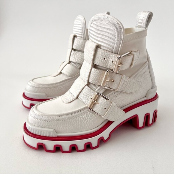 Christian Louboutin Shoes - CHRISTIAN LOUBOUTIN | Dune Buckle Red Sole Ankle Platform Booties White Leather